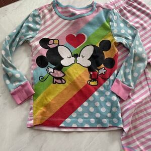 Disney Mickey Minnie sz 5 girls pajamas rainbow stripes dots pink two pc set
